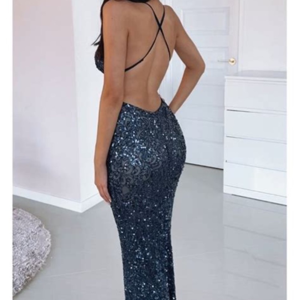 Scala prom dress NWT sapphire sequin beaded gown - Picture 7 of 9